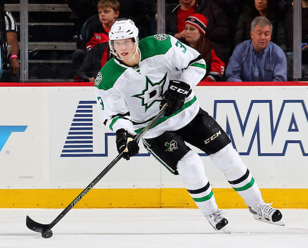 NEWARK, NJ - JANUARY 02: John Klingberg #3 of the Dallas Stars takes the puck in the first period against the New Jersey Devils on January 2,2016 at Prudential Center in Newark, New Jersey. (Photo by Elsa/Getty Images)