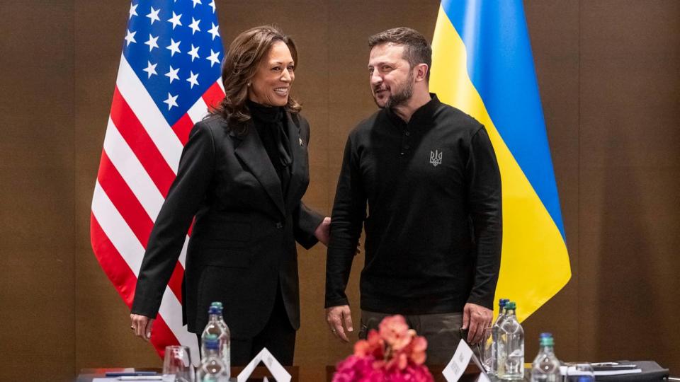 PHOTO: US Vice President Kamala Harris is welcomed by Ukraine's President Volodymyr Zelenskyy during the Summit on peace in Ukraine, in Stansstad near Lucerne, Switzerland, on June 15, 2024.  (Alessandro Della Valle/Keystone via AP)