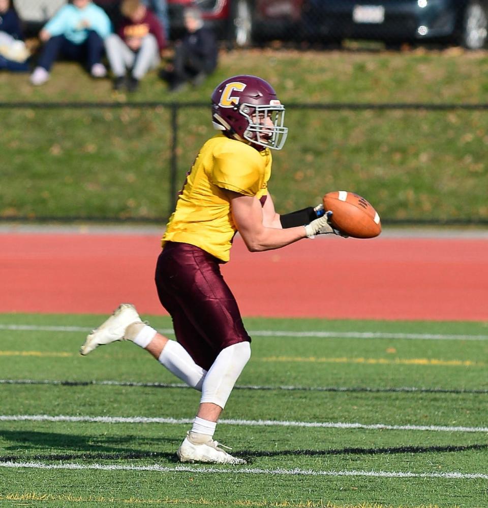 Case's Matthew Howard attempts to bring in a pass during the Thanksgiving Day game against Somerset Berkley.