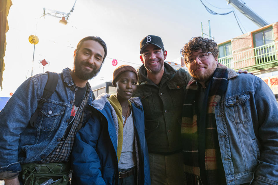 Alex Wolff as Reuben, Lupita Nyong’o as Samira, Producer John Krasinski, and Director Michael Sarnoski in A Quiet Place Day One