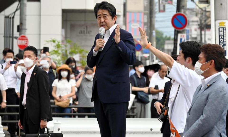 Shinzo Abe seen making a speech shortly before he was shot on Friday.