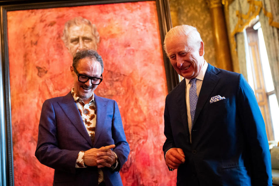 king charles and jonathan yeo smiling in front of portrait