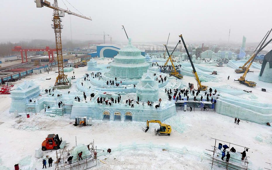 <p>A view of the almost completed construction of theIce andSnow World Park in mid-December.</p>