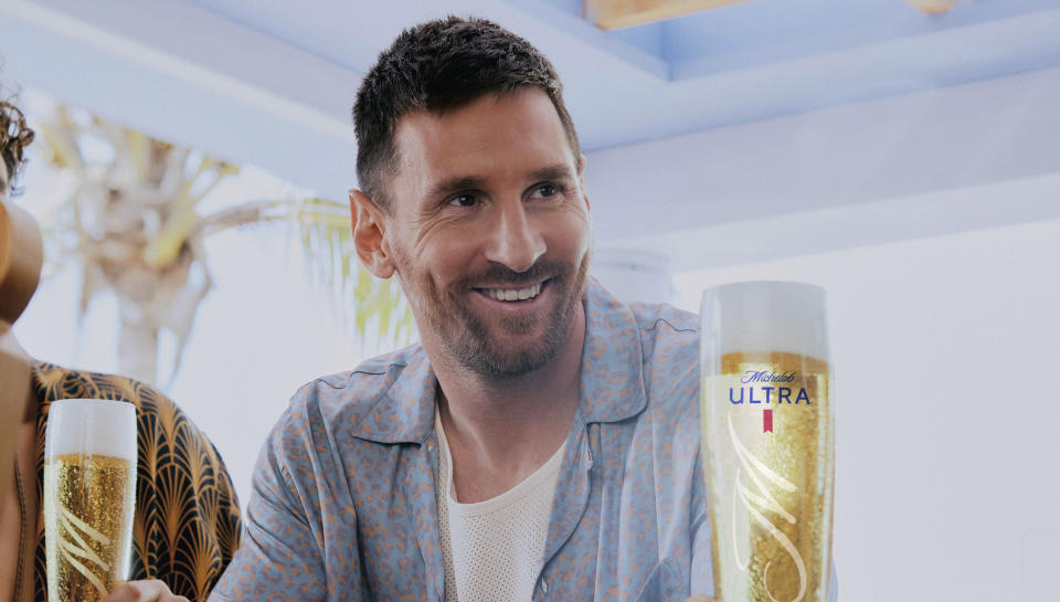 In a photo provided by Michelob Ultra, Inter Miami’s Lionel Messi is shown on the set of a Super Bowl commercial for Michelob Ultra in this image released Thursday, Jan. 25, 2024. The World Cup champion from Argentina will be part of a Super Bowl ad for the first time. (Michelob Ultra via AP)