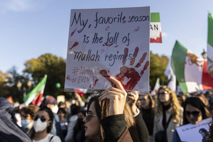 A protestor's sign reads "my favorite season is the fall of mullah regimes."