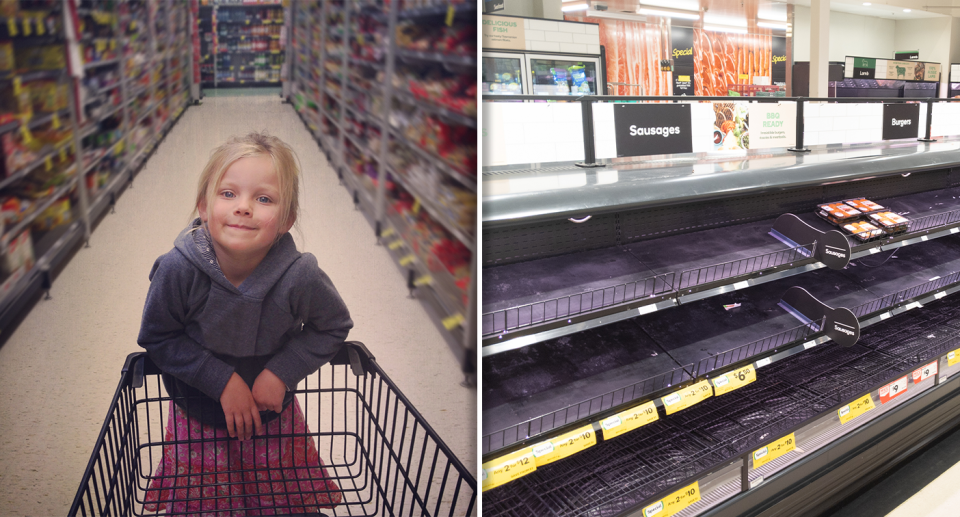 Left - a little girl with blonde hair in a trolley. Right - empty supermarket shelves.