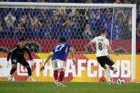 Ulsan Hyundai's Darijan Bojanic scores a goal during the second leg of the AFC Champions League semifinal soccer match between Yokohama F. Marinos and Ulsan Hyundai in Yokohama, south of Tokyo, Wednesday, April 24, 2024.(AP Photo/Shuji Kajiyama)