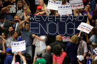 <p>Protesters disrupt a rally by Republican presidential candidate Donald Trump and his supporters in Albuquerque, N.M., Tuesday, May 24, 2016. (Reuters/Jonathan Ernst) </p>