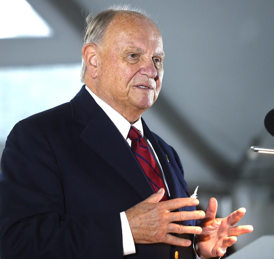 Thomas Hagen, chairman of Erie Insurance speaks, on Sept. 15, 2021, during a dedication of the new $147 million Thomas B. Hagen Building.