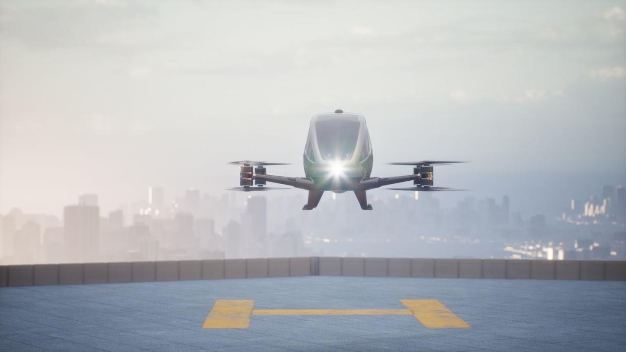 autonomous driverless aerial vehicle fly across city, 3d render