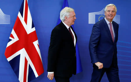 Britain's Secretary of State for Exiting the European Union David Davis and European Union's chief Brexit negotiator Michel Barnier are seen ahead of a meeting in Brussels, Belgium, March 19, 2018. REUTERS/Francois Lenoir