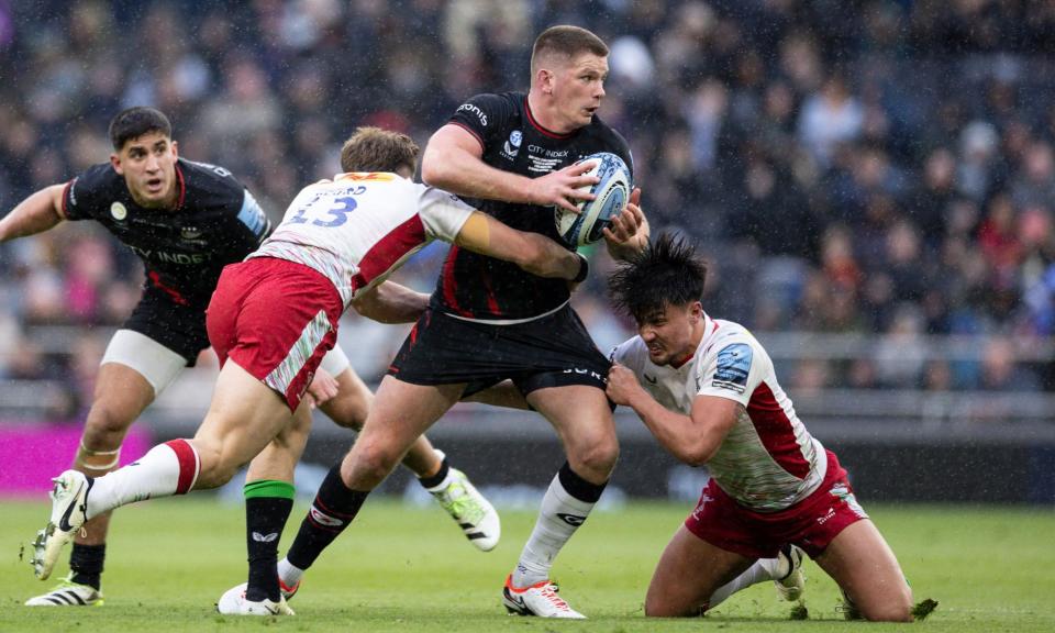<span>Owen Farrell in action during Saracens’ rout of Harlequins at <a class="link " href="https://sports.yahoo.com/soccer/teams/tottenham-hotspur/" data-i13n="sec:content-canvas;subsec:anchor_text;elm:context_link" data-ylk="slk:Tottenham Hotspur;sec:content-canvas;subsec:anchor_text;elm:context_link;itc:0">Tottenham Hotspur</a> Stadium.</span><span>Photograph: Ian Tuttle/Tottenham Hotspur FC/Shutterstock</span>