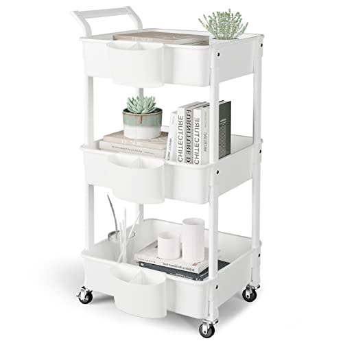 Hamone 3-Tier Utility Rolling Cart,Mobile Utility Cart with Lockable Caster Wheels,Storage Shelves Organizer Cart, 3 Hanging Baskets, Easy Assembly,for Bathroom, Kitchen, Office, Workshop,White