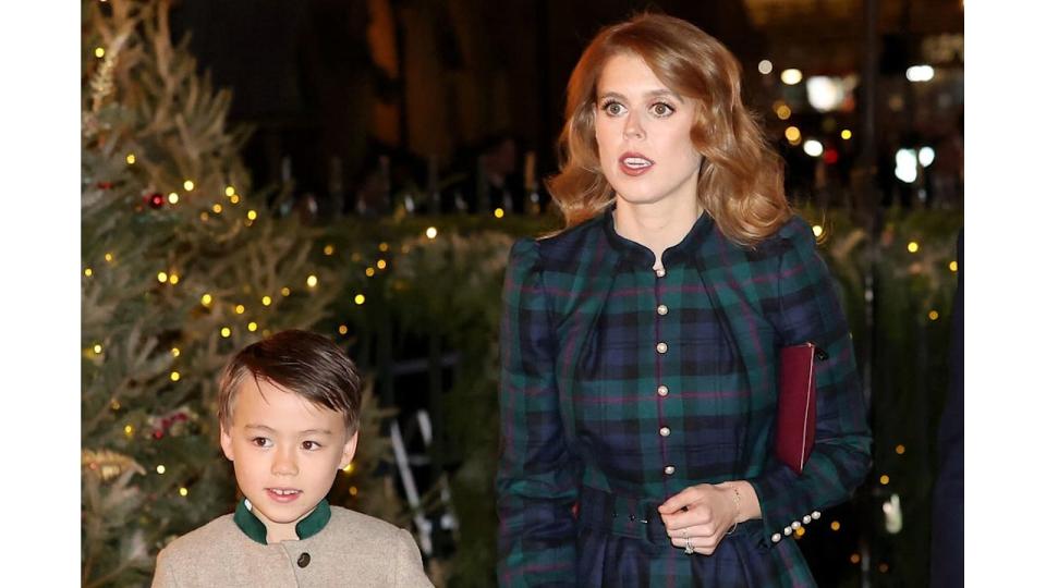 Britain's Princess Beatrice of York (C), her husband Edoardo Mapelli Mozzi (R) and stepson Christopher (L) arrive for the "Together At Christmas" Carol Service" at Westminster Abbey in London on December 8, 2023. Th