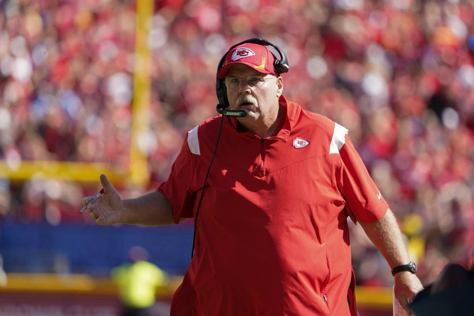 Kansas City Chiefs head coach Andy Reid argues a call during the second half of an NFL football game against the Los Angeles Chargers, Sunday, Sept. 26, 2021, in Kansas City, Mo. (AP Photo/Ed Zurga)