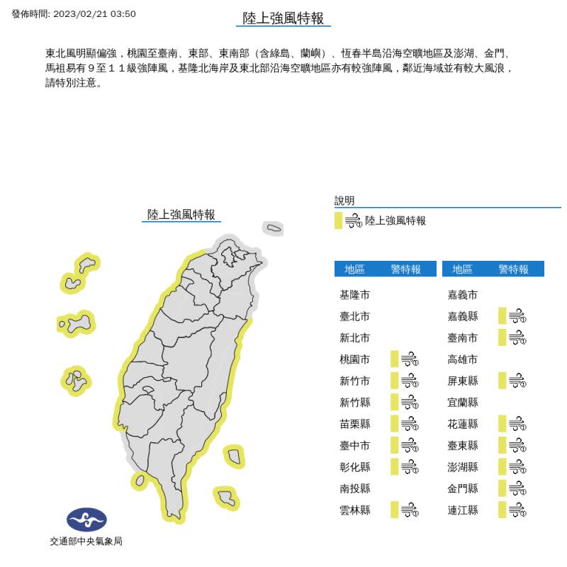 ▲氣象局針對14縣市發布強風特報。（圖／氣象局提供）