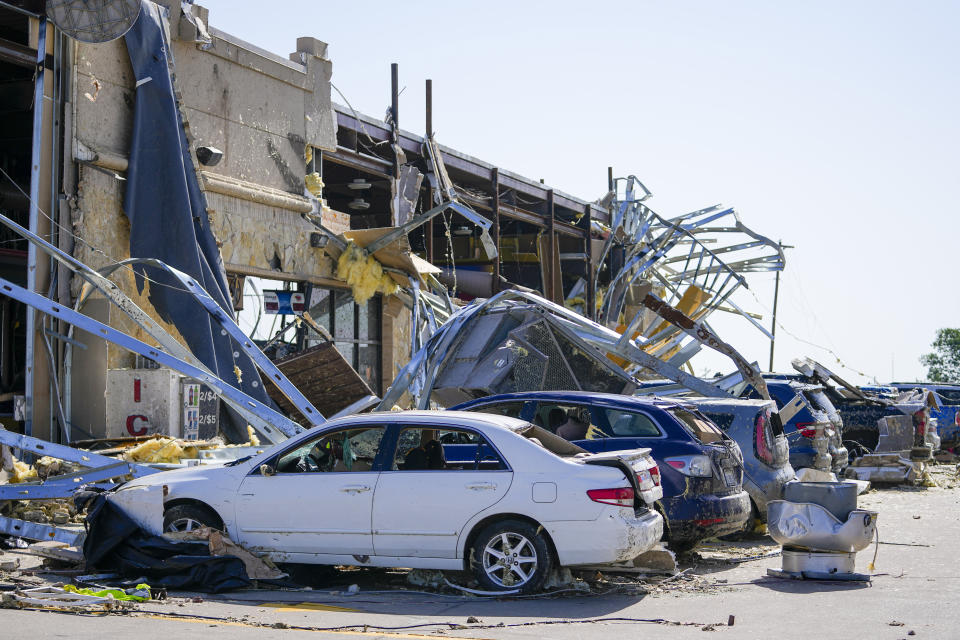 Damage is seen at a truck stop the morning after a tornado rolled through, Sunday, May 26, 2024, in Valley View, Texas. Powerful storms left a wide trail of destruction Sunday across Texas, Oklahoma and Arkansas after obliterating homes and destroying a truck stop where drivers took shelter during the latest deadly weather to strike the central U.S. (AP Photo/Julio Cortez)