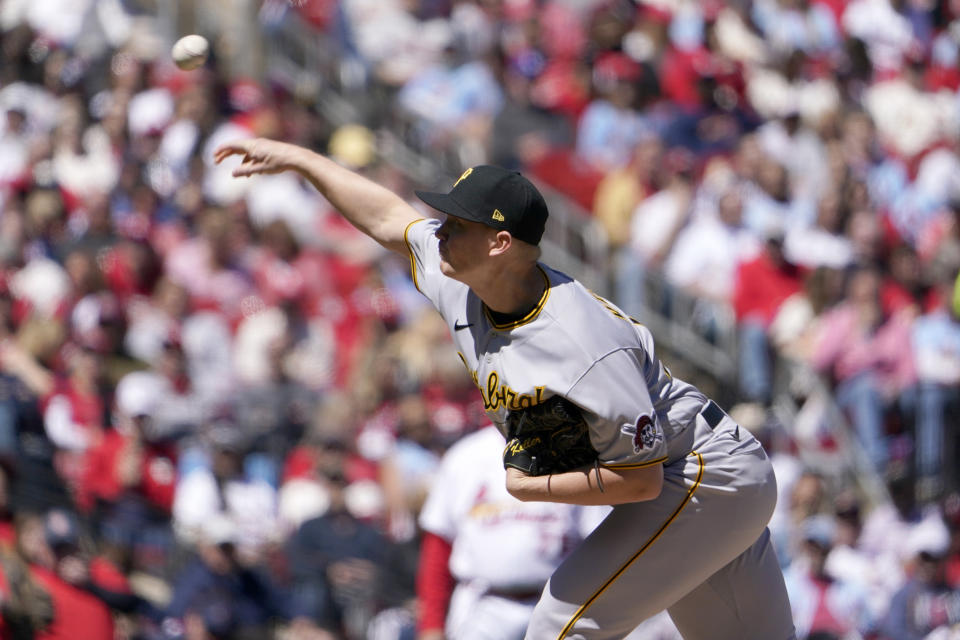 Pittsburgh Pirates starting pitcher Mitch Keller throws during the first inning of a baseball game against the St. Louis Cardinals Saturday, April 9, 2022, in St. Louis. (AP Photo/Jeff Roberson)