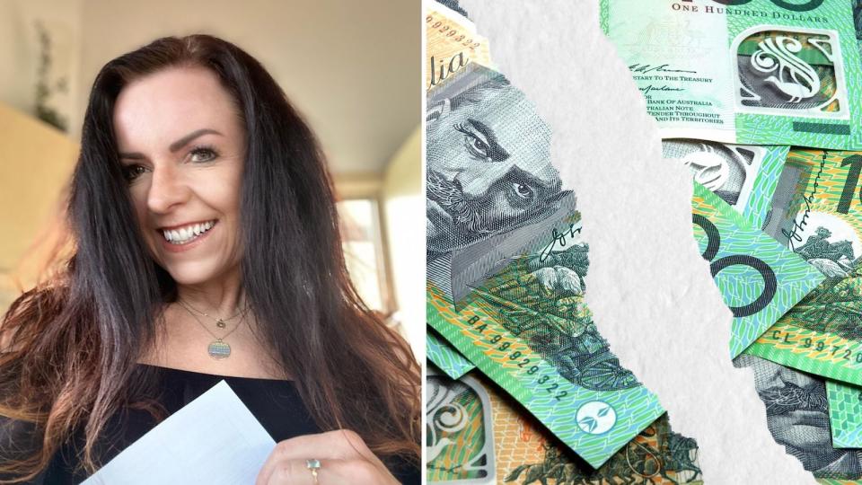 Compilation image of Nicole Pedersen-McKinnon and money with a rip through to represent divorce