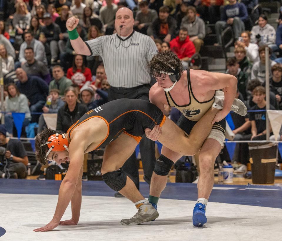 Point Pleasant Borough's Jake Clayton is shown during his 3-2 win in the ultimate tiebreaker over Middletown North's Matthew Castelli in the 157 pound Shore Conference Tournament final.