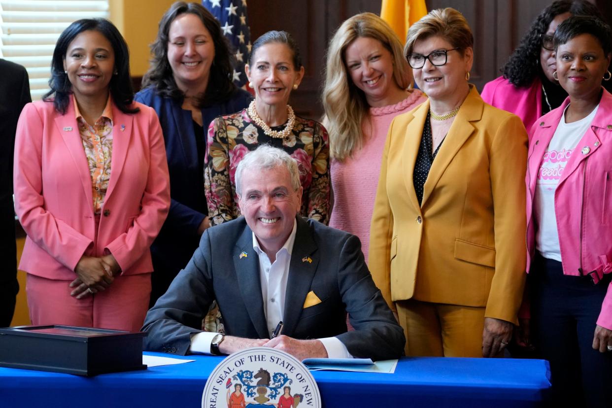 Governor Phil Murphy is shown in Glen Rock seconds before signing bill (S-3275 A-4829) to provide reproductive rights information for residents of the Garden State. Surrounding Murphy is Lieutenant Governor Tahesha Way (hands folded), ACLU Policy Director Sarah Fajardo, First Lady Tammy Murphy, Glen Rock Mayor Mayor Kristine Morieko, State Senator Nellie Pou, Assemblywoman Shavonda Sumter and others, Tuesday, October 24, 2023