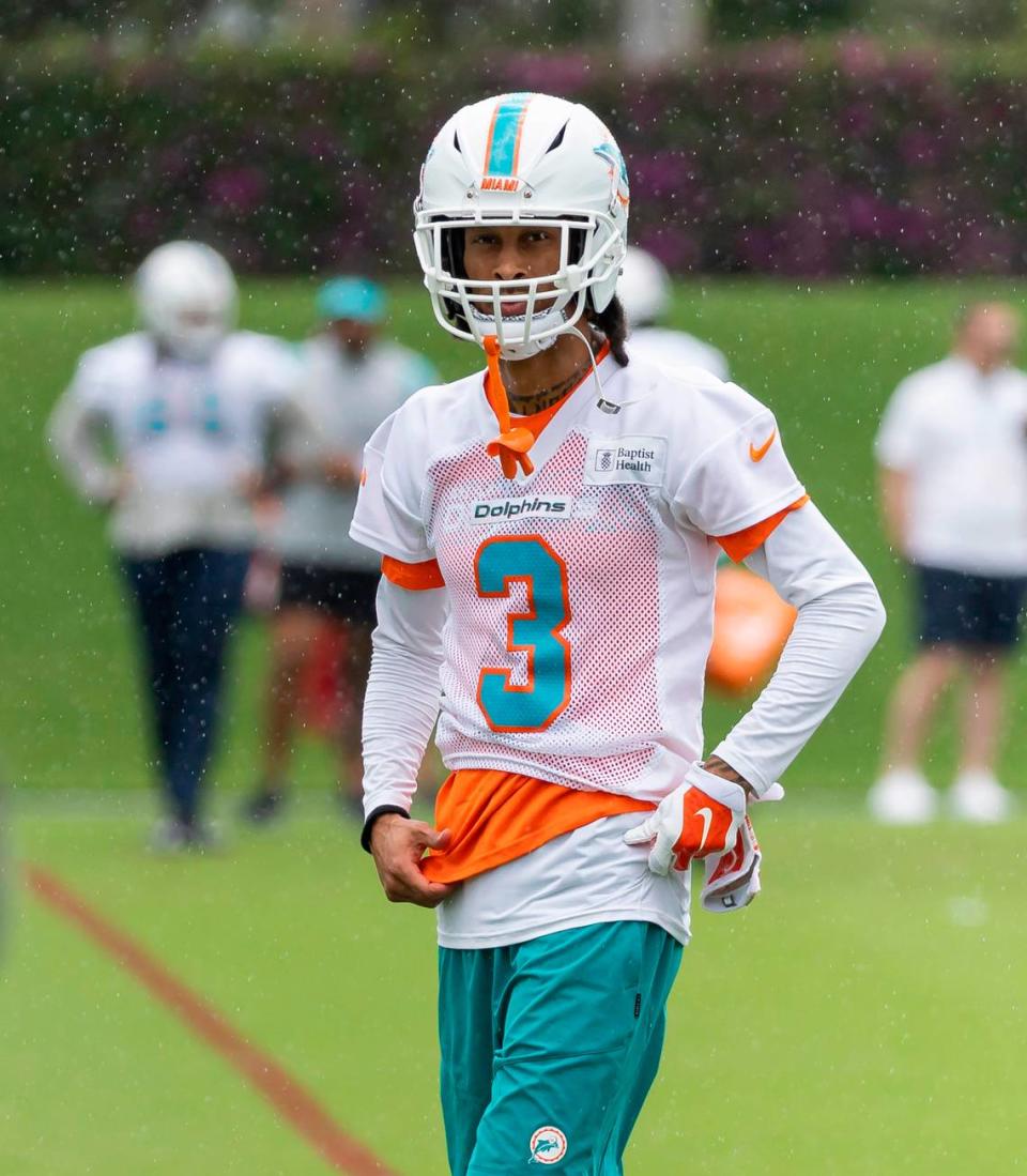 Miami Dolphins wide receiver Robbie Chosen (3) attends team practice at the Baptist Health Training Complex on Tuesday, May 23, 2023, in Miami Gardens, Fla.
