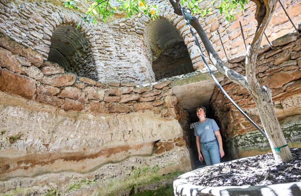 Shera Franzman, directora de operaciones de los Forestiere Underground Gardens de Fresno, se encuentra en una profunda sección de túneles cavernosos construidos a principios del siglo XX por el inmigrante siciliano Baldassare Forestiere con árboles que plantó hace más de 100 años y que aún producen fruta.