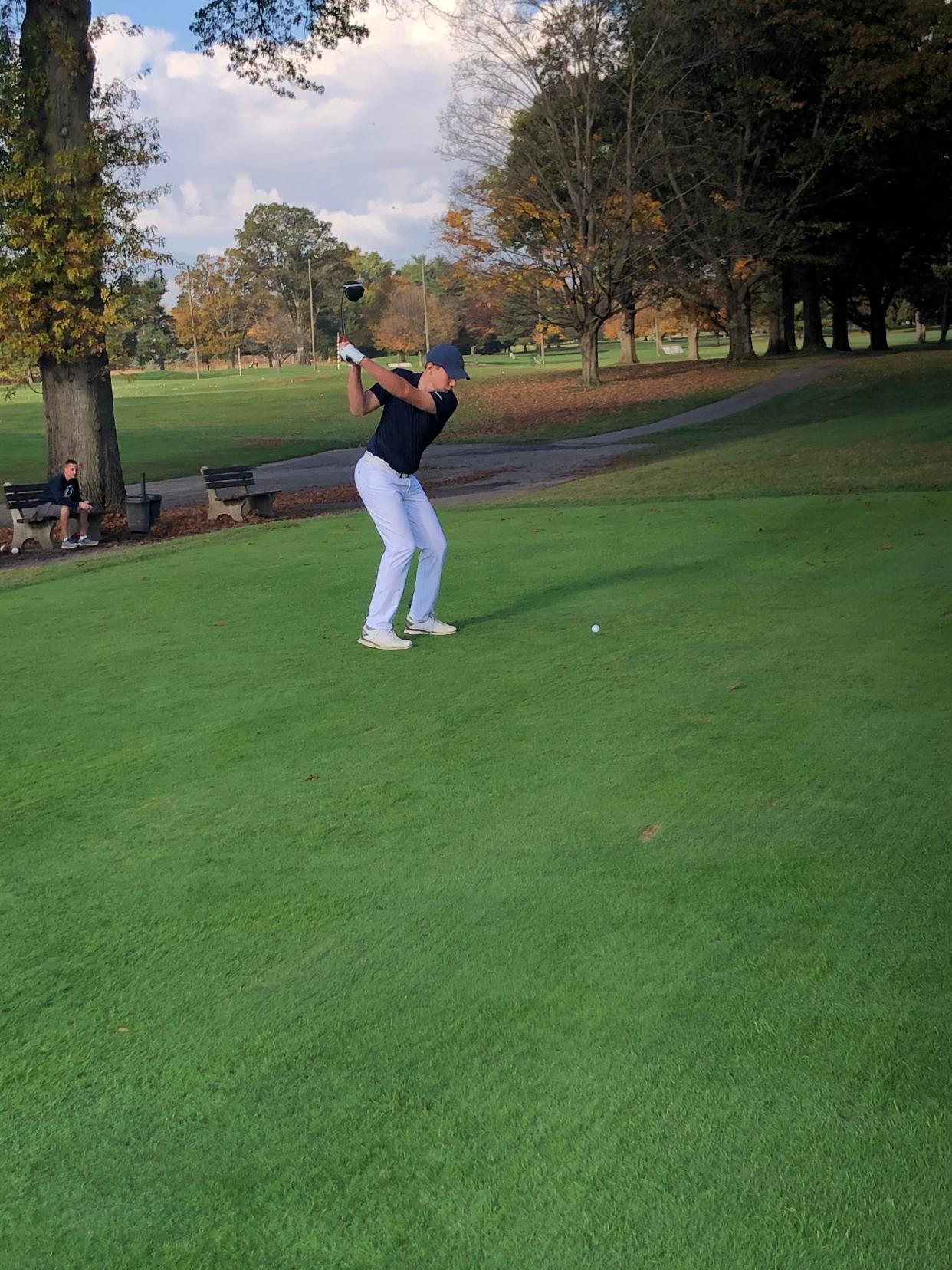 Jack Vojtko of Archbishop Hoban takes a shot in the Division I boys golf state championship tournament at the Ohio State University's Scarlet Course in Columbus.