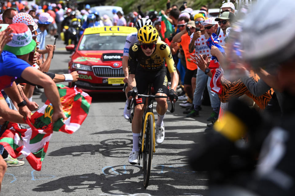 CAUTERETSCAMBASQUE FRANCE  JULY 06 Jonas Vingegaard of Denmark and Team JumboVisma competes climbing down the Col du Tourmalet 2115m while fans cheers during the stage six of the 110th Tour de France 2023 a 1449km stage from Tarbes to CauteretsCambasque 1355m  UCIWT  on July 06 2023 in  CauteretsCambasque France Photo by Tim de WaeleGetty Images