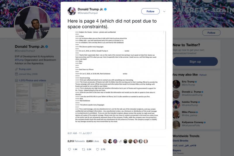 美國總統川普長子小唐納德（Donald Trump, Jr.）11日公布「通俄門」電郵（AP）