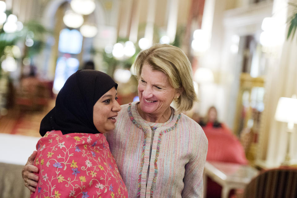 Sen. Shelley Moore Capito (R-W.Va.), right, talks with Saba Ahmed during the "Empowering Leaders for the Future" 2015 Women's Summit hosted by the RNC at the Willard Hotel in October 2015. (Photo: Tom Williams via Getty Images)