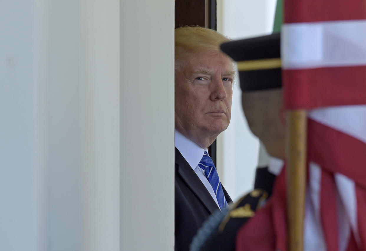 President Donald Trump awaits the arrival of Abu Dhabi's Crown Prince Sheikh Mohammed bin Zayed Al Nahyan at the White House in Washington, Monday, May 15, 2017. (AP Photo/Susan Walsh)