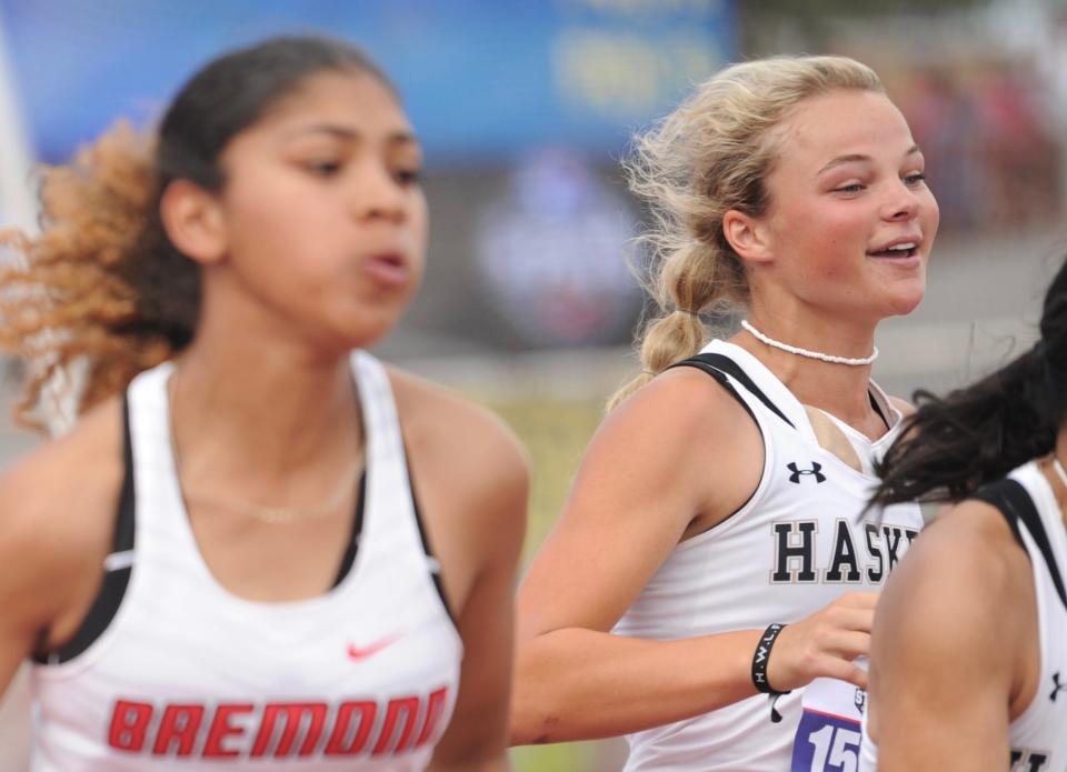 Haskell's Emma Roewe runs the 800 relay at the state track and field meet in Austin on Friday, May 13, 2022.