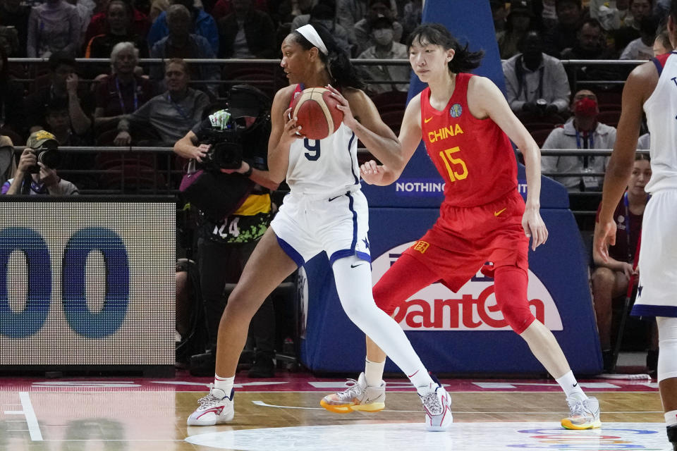 United States' A'ja Wilson looks to take a shot as China's Han Xu attempts to block during their game at the women's Basketball World Cup in Sydney, Australia, Saturday, Sept. 24, 2022. (AP Photo/Mark Baker)