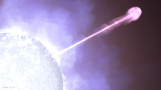 An artist's impression of an astrophysical jet erupting from an object. (<a href="https://science.nasa.gov/science-research/astrophysics/gamma-ray-bursts/nasas-fermi-finds-new-feature-in-brightest-gamma-ray-burst-yet-seen/" rel="nofollow noopener" target="_blank" data-ylk="slk:NASA's Goddard Space Flight Center Conceptual Image Lab;elm:context_link;itc:0;sec:content-canvas" class="link ">NASA's Goddard Space Flight Center Conceptual Image Lab</a>)