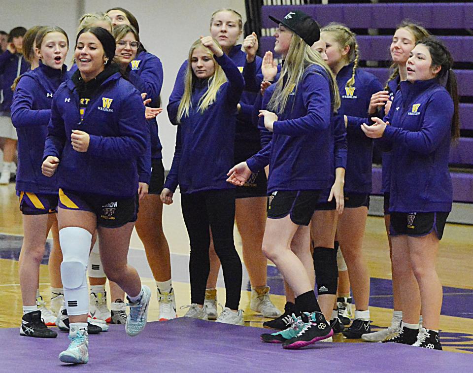 Watertown's Allison Konrad is introduced prior to an Eastern South Dakota Conference girls wrestling dual against Brookings on Thursday, Dec. 14, 2023 in the Civic Arena.