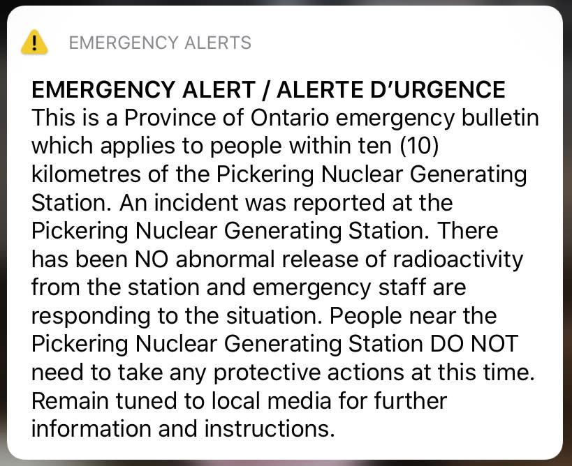 An emergency alert issued by the Canadian province of Ontario reporting an unspecified “incident” at a nuclear plant is shown on a smartphone Sunday, Jan. 12, 2020. Ontario Power Generation later sent a message saying the alert “was sent in error." (Graeme Roy/The Canadian Press via AP)