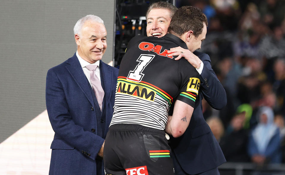 Rodney Churchill and Dylan Edwards after the 2022 NRL grand final.