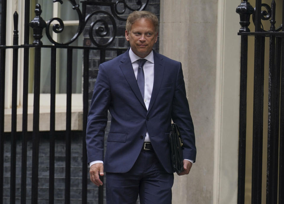 Grant Shapps leaves Downing Street after being appointed Defense Secretary in Britain's Prime Minister Rishi Sunak's mini-reshuffle, which was prompted by Ben Wallace's formal resignation, in London, Thursday, Aug. 31, 2023. (Yui Mok/PA via AP)