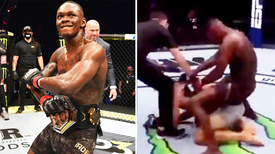 Israel Adesanya (pictured left) celebrating with the belt and (pictured right) gesturing on top of Paulo Costa at UFC 253.