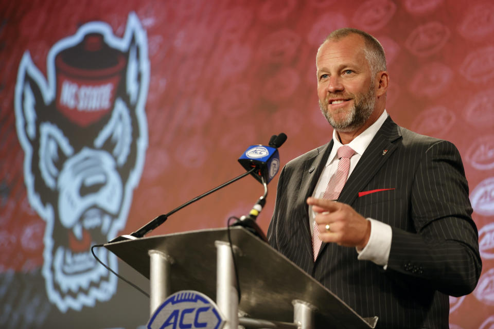 North Carolina State head coach Dave Doeren answers a question at the NCAA college football Atlantic Coast Conference Media Days in Charlotte, N.C., Wednesday, July 20, 2022. (AP Photo/Nell Redmond)
