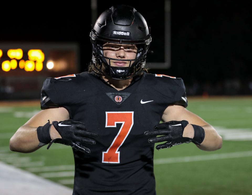 Sprague's Drew Rodriguez (7) poses on the sidelines during the second half of the game against Roseburg at Sprague High School in Salem, Ore. on Friday, Sept. 23, 2022.