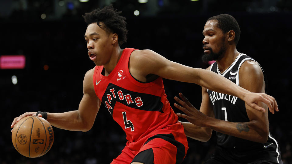 The Nets want Scottie Barnes, left, included in any potential trade package for Kevin Durant. (Photo by Sarah Stier/Getty Images)