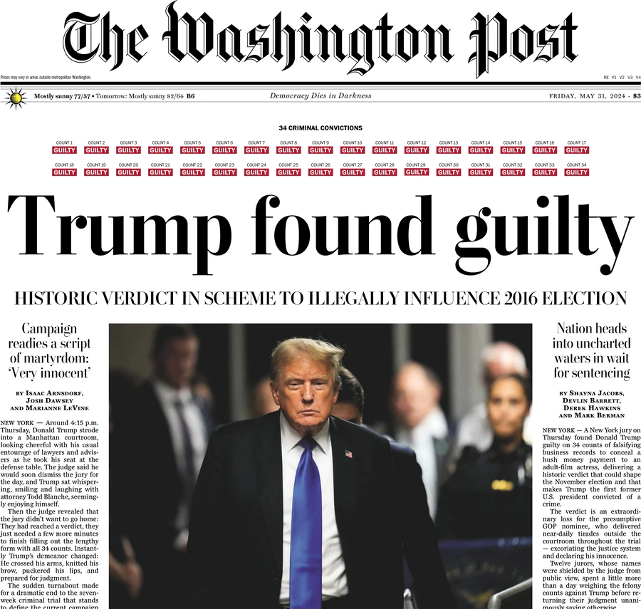 Le Une du Washington Post sur Donald Trump reconnu coupable.