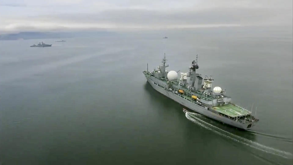 In this undated video grab provided by Russian Defense Ministry Press Service, Russian warships take part in manoeuvres in the Bering Sea. The Russian navy has conducted massive war games near Alaska involving dozens of ships and aircraft, the biggest such drills in the area since Soviet times. (Russian Defense Ministry Press Service via AP)