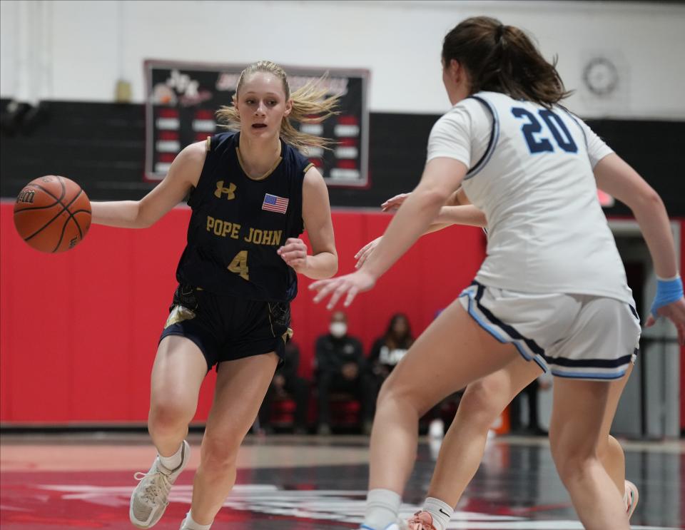 Addison Platt of Pope John tries to drive past Julia Schutz of IHA as Immaculate Heart Academy played Pope John in NJSIAA Non-Public A North girls basketball played in Paterson, NJ on March 1, 2023.