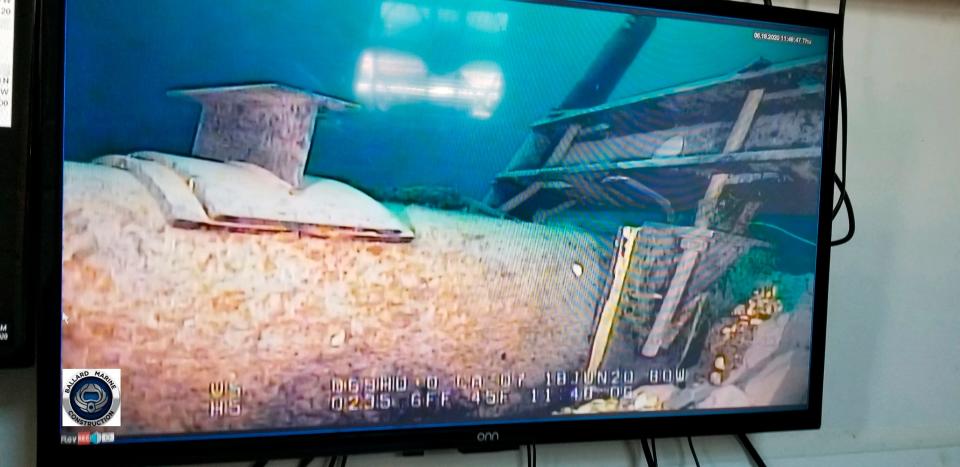 This photo, shot from a television screen in June 2020 provided by the Michigan Department of Environment, Great Lakes, and Energy shows damage to anchor support EP-17-1 on the east leg of the Enbridge Line 5 pipeline within the Straits of Mackinac.