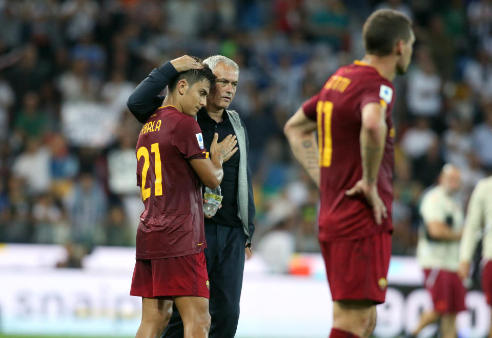 UDINE, ITALY - SEPTEMBER 04: Jose Mourinho head coach of AS Roma cheer up Paiulo Dybala after defeat ,during the Serie A match between Udinese Calcio and AS Roma at Dacia Arena on September 4, 2022 in Udine, . (Photo by MB Media/Getty Images)