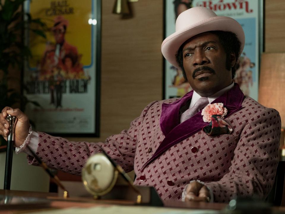 This image released by Netflix shows Eddie Murphy in a scene from "Dolemite Is My Name."  Netflix garnered the most NAACP Image Award nominations with 42 including for Ava Duvernay’s limited series “Whey They See Us” and the Eddie Murphy-led film “Dolemite is My Name.” (François Duhamel/Netflix via AP)