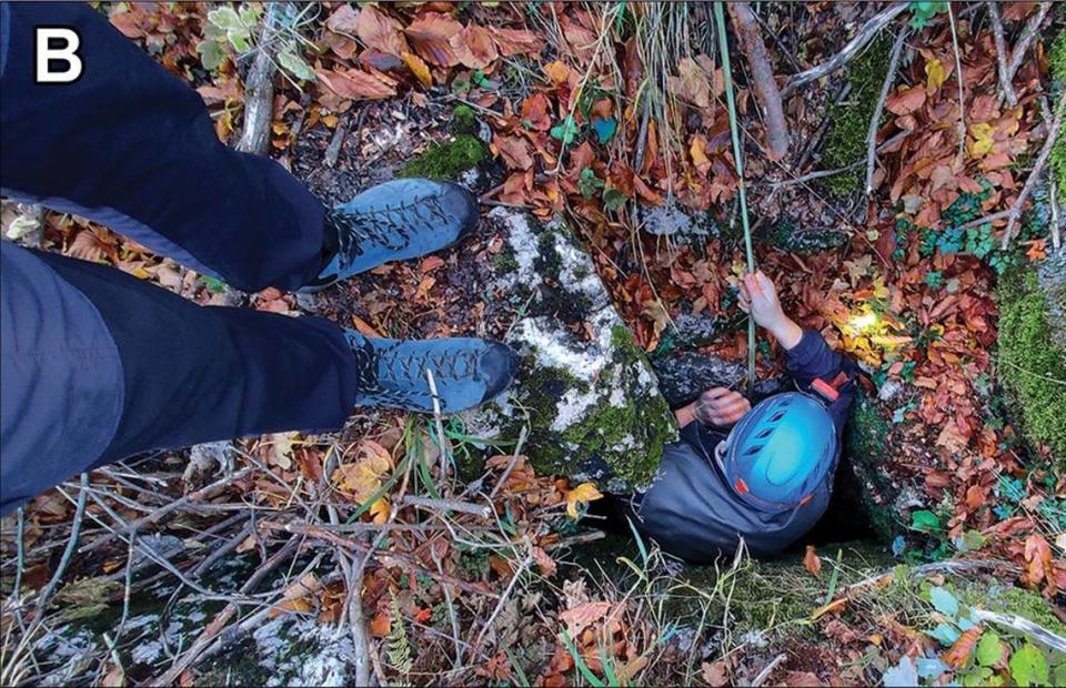 A researcher being lowered into the pit where Vitrea virgo, or the Mt. Devica crystal snail, was found. Photo from Gojšina, Vesović, Ćurčić, Karan-Žnidaršič, Mitrović and Dedov (2024)